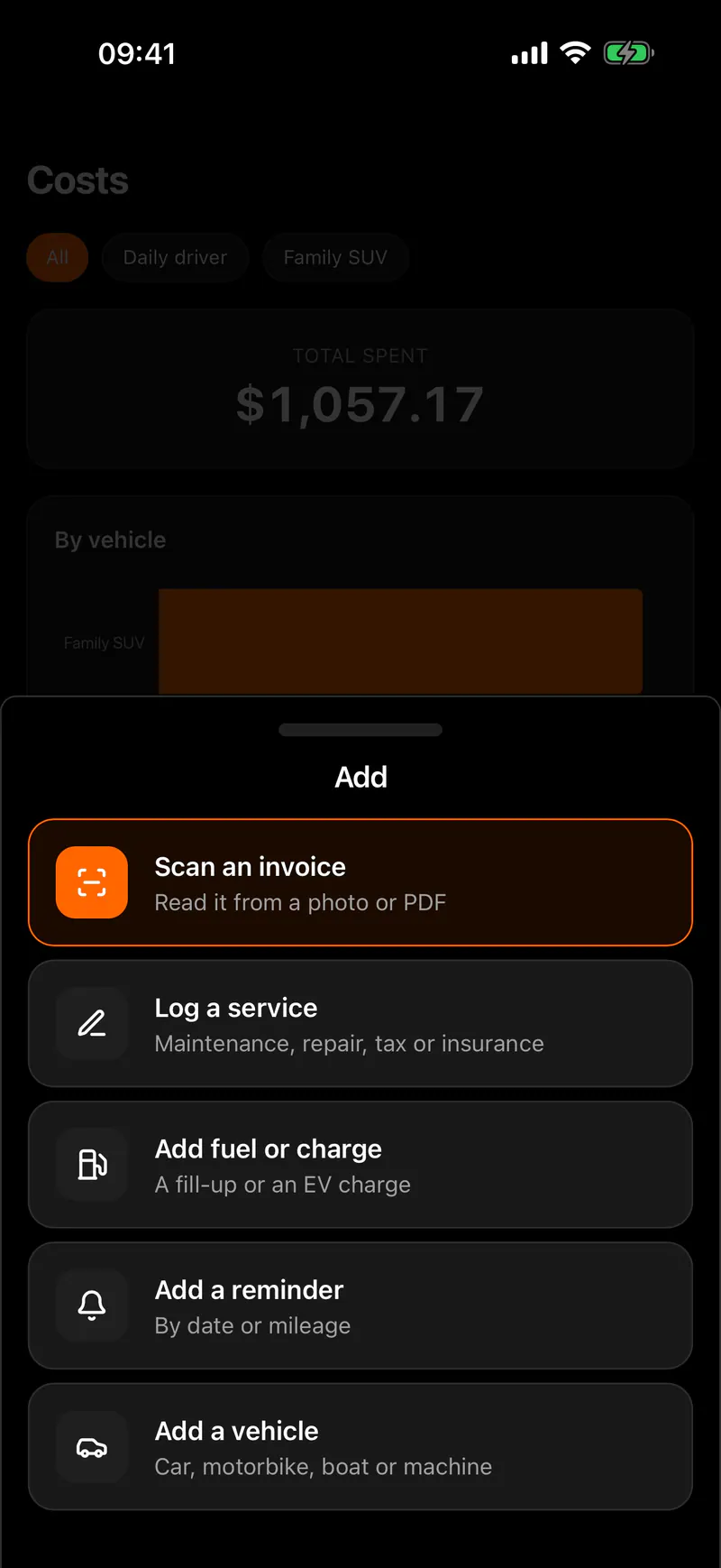 The Opero screen for adding a record, including scanning a receipt.