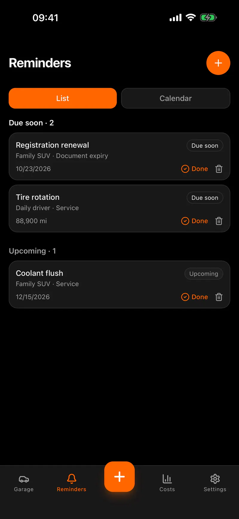 Reminders in Opero, due by date or by distance.